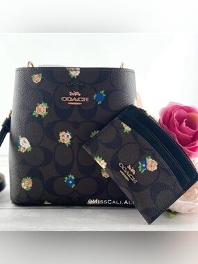 NWT COACH Mini Town Bucket Bag Signature Canvas Vintage Rose & Card Case Set